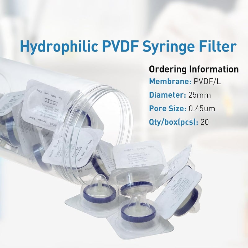Labfil فلتر حقنة معقم PVDF عبوة 20، حجم المسام 0.45 ميكرون، قطر الغشاء 25 مم، ترشيح هيدروفيل معبأ بشكل معقم فردياً - Image 2
